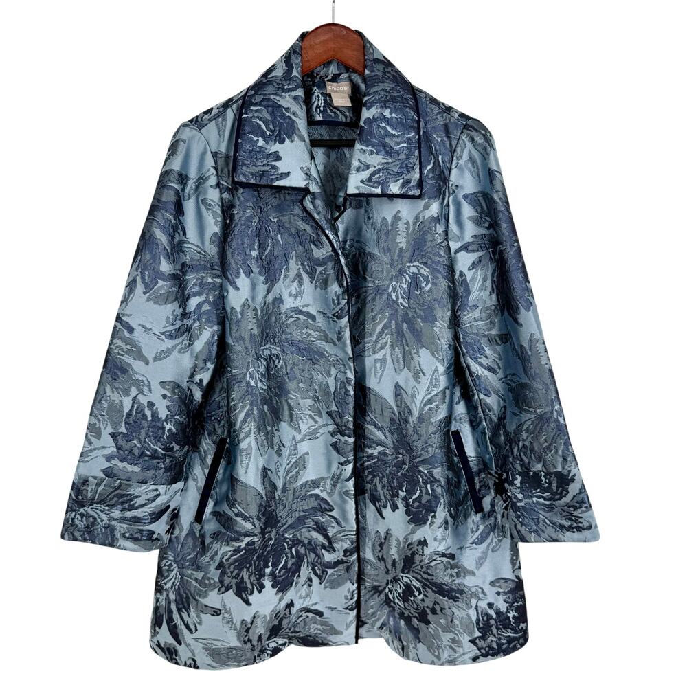 Chicos 1 Medium 8/10 Blue Shiny Metallic Open Front Jacket Coat Winter Shirt Top